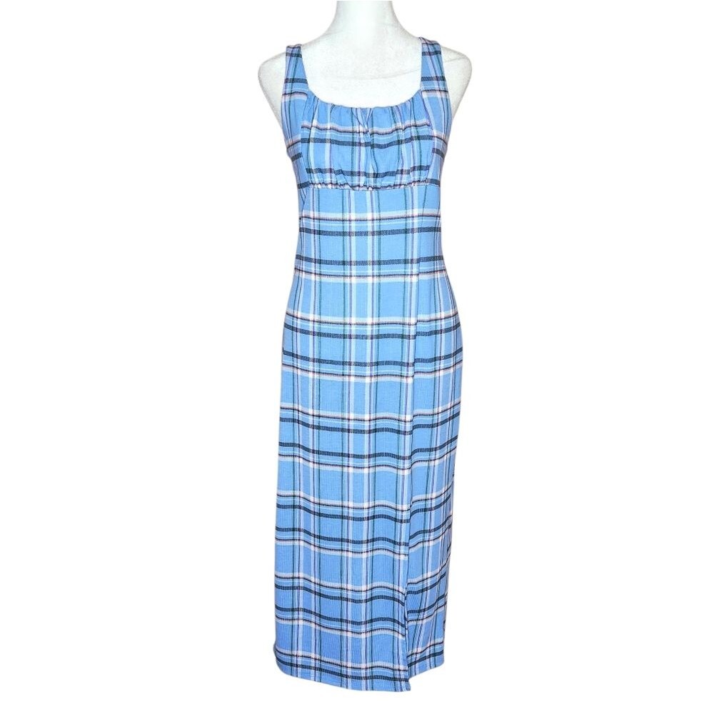 Live To Be Spoiled Blue Multi Plaid Square Neck Midi Dress Large Soft Grunge